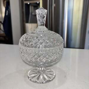 Vintage Bohemia Clear Lead Crystal Footed Candy Dish with Lid